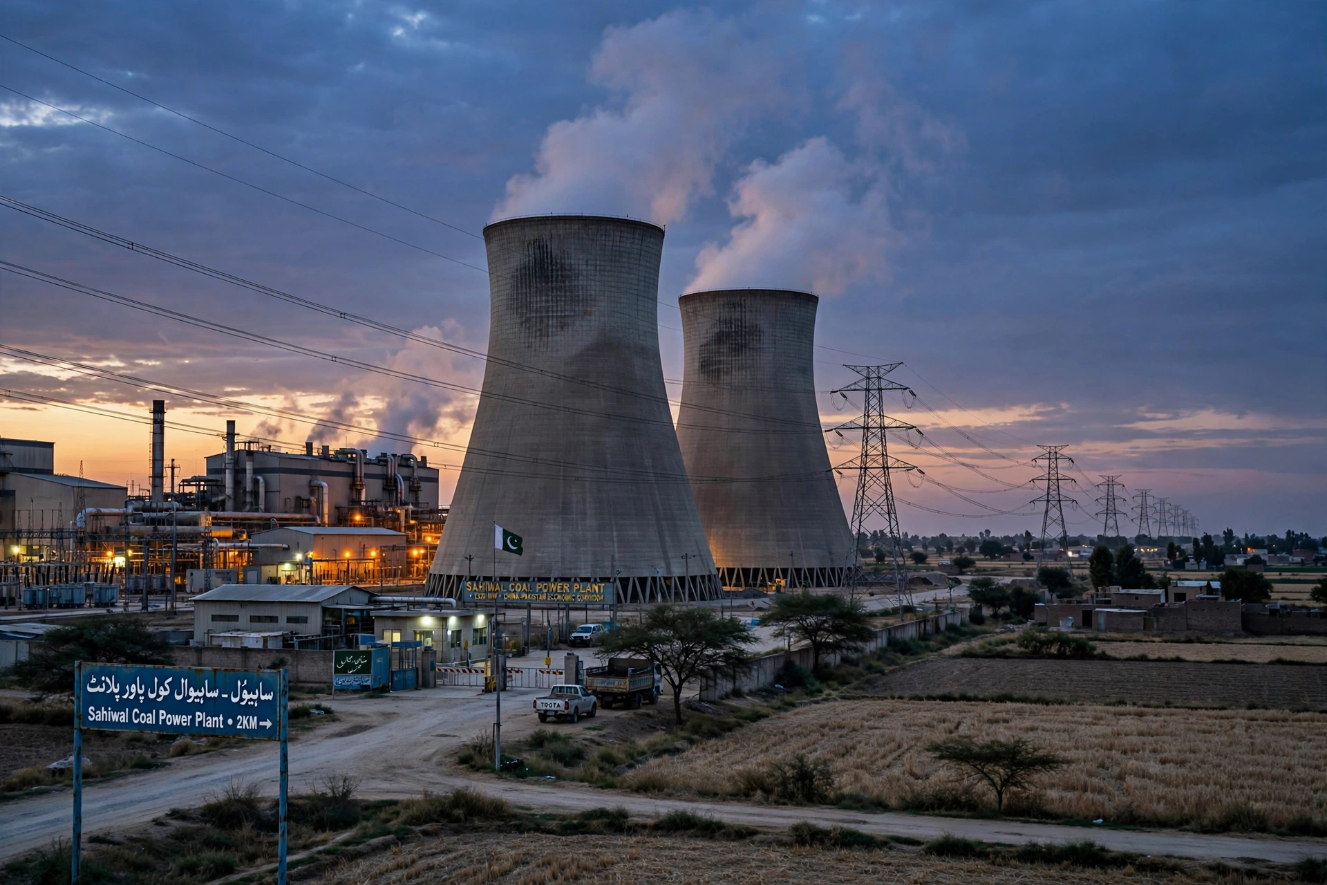 Thermal power station with cooling towers and transmission lines at dusk