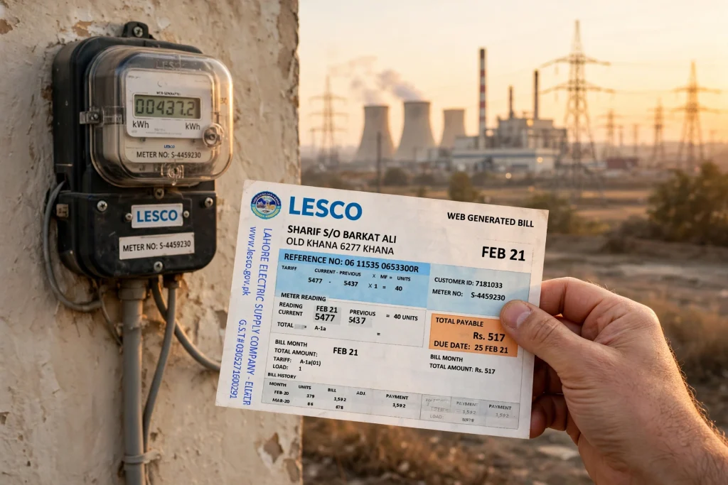 Homeowner holding a MEPCO electricity bill in front of a home electricity meter