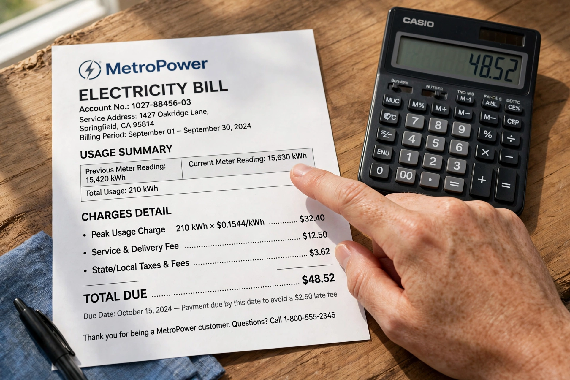 Hand pointing at a charge line on a printed electricity bill next to a calculator