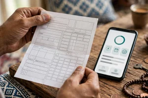 Hands holding a printed electricity bill beside a smartphone showing a bill-checking app on a wooden table