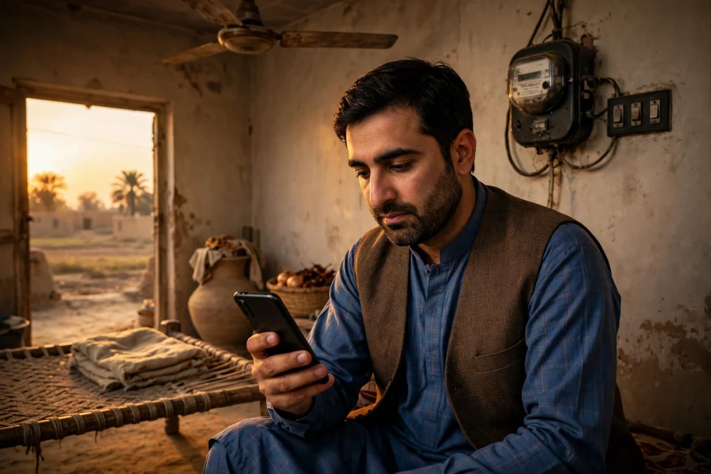 Man checking his MEPCO bill October 2026 on a mobile phone at home, with an electricity meter on the wall behind him