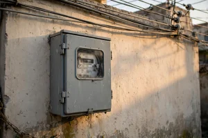 Outdoor electricity meter in a grey metal box mounted on a weathered plaster wall with overhead wires