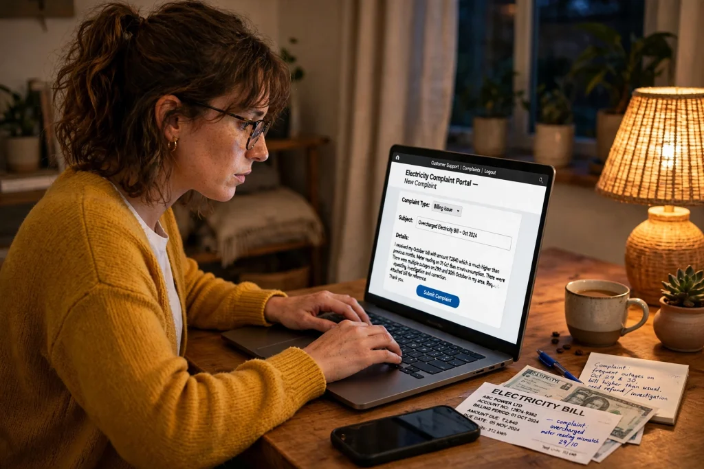 Consumer filing an electricity complaint on a laptop with the bill and notes on the desk