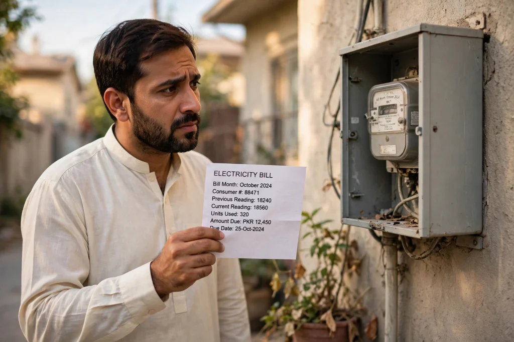 Homeowner checking a MEPCO overbilling complaint beside his house electricity meter