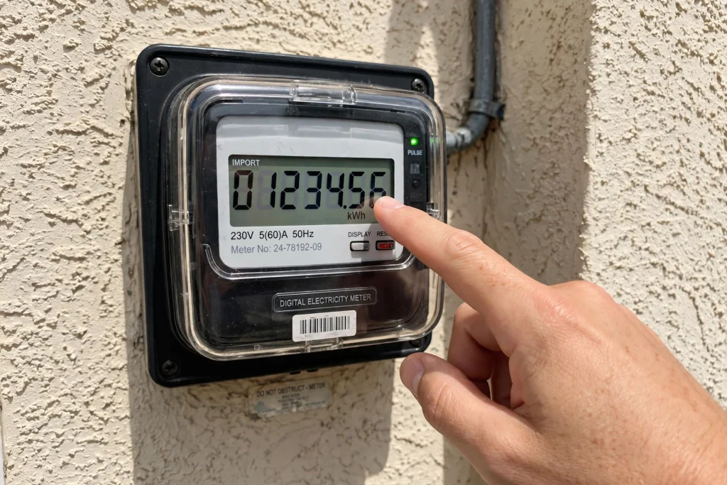 Hand pointing at a digital electricity meter display showing the unit reading to compare with a MEPCO bill