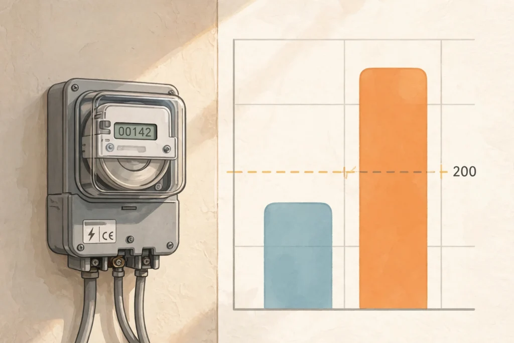 House electricity meter beside a bill comparison chart showing the MEPCO 200-unit threshold for protected vs unprotected consumers