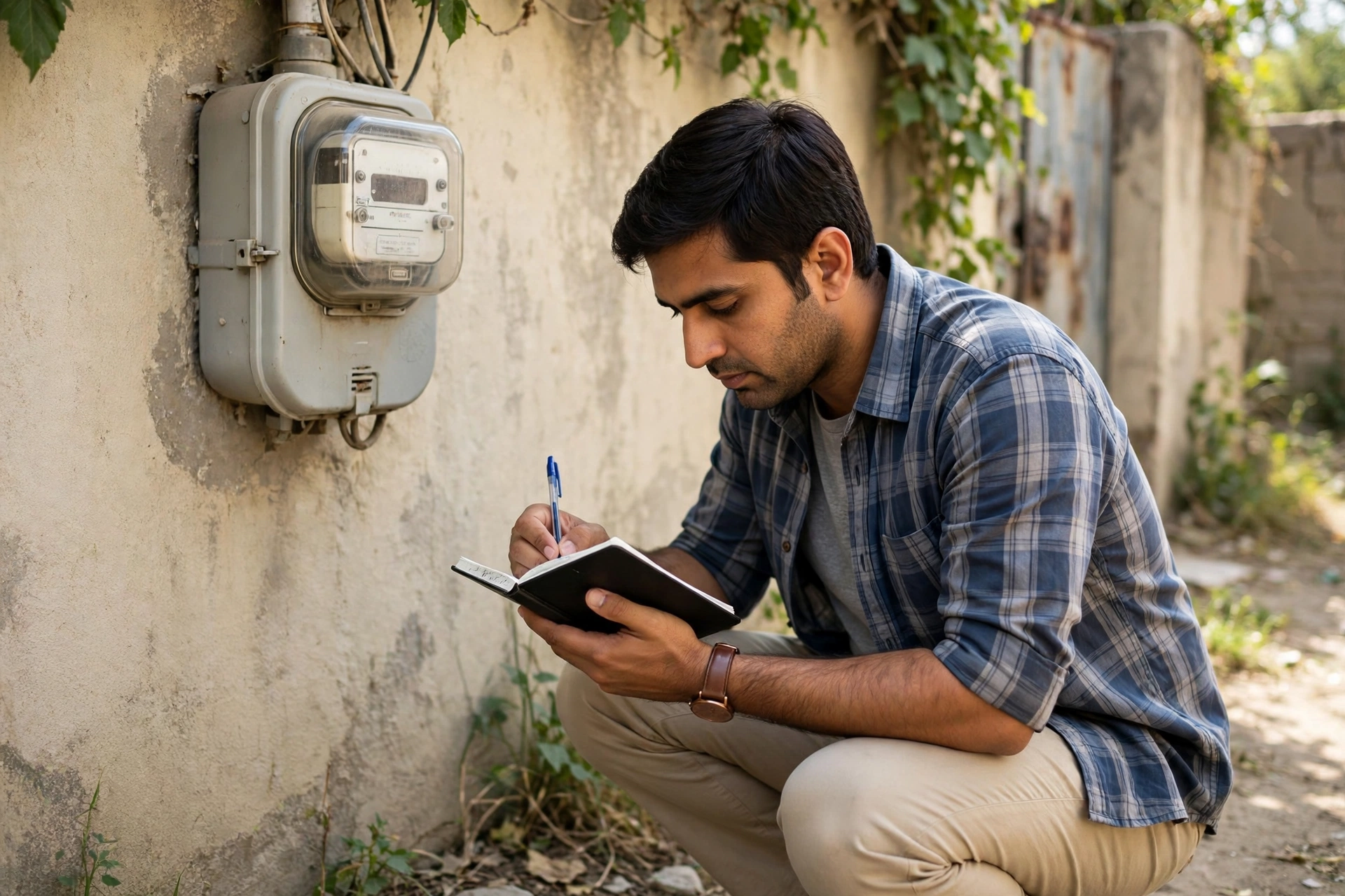 Homeowner reading a household electricity meter to track units against the MEPCO protected consumer limit